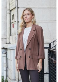 Resim Kadın İpeksi Dokulu Modal Kumaş Yakalı Cep Kapaklı Oversize Salaş Blazer Ceket-kahve Kahve 