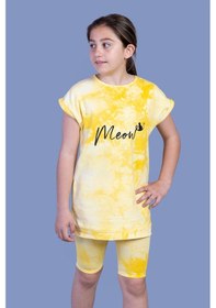 Resim Toontoy Kids Toontoy Kız Çocuk 2'li Takım Baskılı Bisiklet Yaka T-shirt & Basic Düz Crop Tayt Sarı 