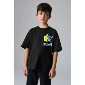 Resim Little Aden Erkek Çocuk Stitch Sırt Baskılı %100 Pamuk Oversize Yazlık Tişört 