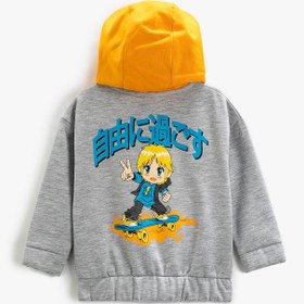 Resim Erkek Bebek Kapşonlu Hırka Fermuarlı Arkası Anime Baskılı Cepli Uzun Kollu 