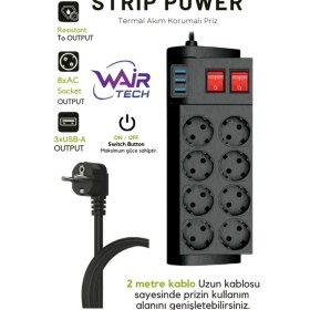 Resim 4000W, 16A, Akım Korumalı Priz 8xpriz, 3xusb, 2mt Kablo, Çoklayıcı 