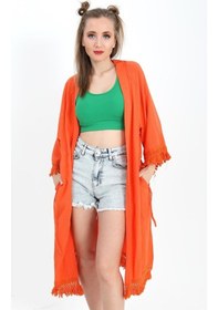 Resim Kimono Palmiye Baskılı Püsküllü - Turuncu-turuncu Turuncu 