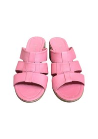 Resim Pembe Hakiki Deri Bant Detaylı Topuklu Comfort Taban Terlik Pembe 