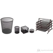 Resim 3A Metal Ofis Seti 5'li Siyah (Evrak Rafı 3'lü + Çöp Kovası + Kalemlik + Küpnotluk+Ataşlık) 