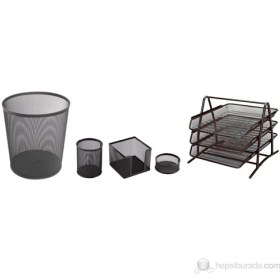 Resim 3A Metal Ofis Seti 5'li Siyah (Evrak Rafı 3'lü + Çöp Kovası + Kalemlik + Küpnotluk+Ataşlık) 