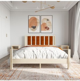 Resim Orion Model Kiremit Renk Puflu Başlıklı Doğal Çam Ahşap Karyola Ve İki Komodin Set-240 100 x 200 