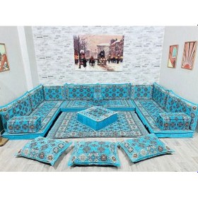 Resim Coton Şark Köşesi Otantik Desenli Lüks Minder Takımı Konsept 19 Parça Turkuaz Turkuaz 