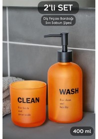 Resim 2'li Cam Sıvı Sabunluk Diş Fırçalık Banyo Seti - Sıvı Sabun Şişesi Ve Diş Fırçalığı - Amber 