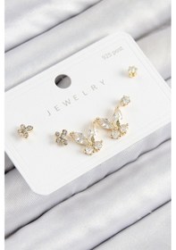 Resim Pirinç Zirkon Taşlı Model Gold Renk 925 Ayar Gümüş Çivi Kadın Küpe Set - Özel Seri Bzsurn011086 Altın 