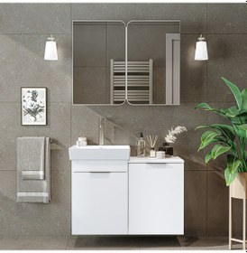 Resim Dubai Sepetli Mdflam Banyo Dolabı, Lavabolu Banyo Alt Dolabı + Aynalı Banyo Üst Dolabı Takımı Beyaz 