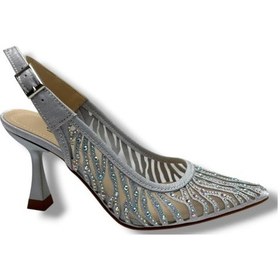 Resim Desire 467-26 Saten Simli Taşlı İnce Topuk Kadın Abiye Ayakkabı Gümüş 
