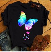 Resim Beyaz Ve Renkli Kelebek Kadın Üst Kadın Siyah Tişört Kadın Günlük O Yaka Moda Tişört SIYAH 