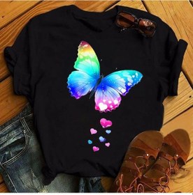 Resim Beyaz Ve Renkli Kelebek Kadın Üst Kadın Siyah Tişört Kadın Günlük O Yaka Moda Tişört SIYAH 