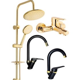 Resim Yuvarlak Gold Robot Duş Seti, Lüx Gold Banyo, Baston Siyah Gold Lavabo ve Mutfak Bataryası 4’lü Lüx Full Set Baston Gold Yuvarlak 