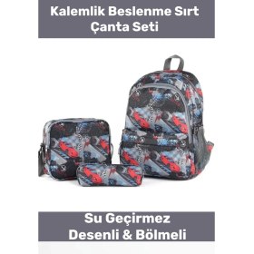 Resim Enenstyle Fermuarlı Geniş 1.kalite Su Geçirmez Desenli Bölmeli Üçlü Okul Kalemlik Beslenme Sırt Çanta Seti 
