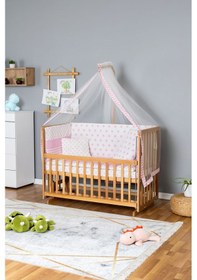 Resim Ahşap Beşik Anne Yanı Beşik Vernikli 60x120 - Pembe Yıldız 1 Yastıklı Uyku Seti + Yataklı Ahşap 