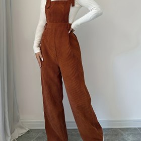 Resim Geniş Omuz Askılı ve Ayarlanabilir Sırt Askılı Kadınlar için Rahat Korduroy Tulum - Düz Renk Bej, Düğme Detayı, Uzun Kollu, Sonbahar/Kış için Bol Kesim, Günlük Kıyafet, Minimalist Tarz, Düğme Detayı Tulum 