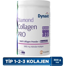 Resim Dynavit Diamond Multi Collagen&Bromelain (Ananas Ekstresi) 300g Toz - Ödem Atımı&Diyetisyen Önerisi - Hidrolize Peptit Tip 1&3 Sığır ve Tip 2 Tavuk Kolajeni, Bromelain 