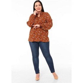 Resim Büyük Beden Fırfırlı Damla Yaka Kolu Gipeli Çiçekli Kahve Bluz 