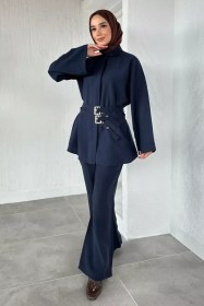 Resim Bel Çift Kemerli Tunik Pantolon Tesettür İkili Takım Lacivert TZL-P-00020587 
