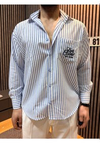 Resim Plus Barkode Mavi Çizgili Erkek Gömlek Relaxed Fit, Uzun Kollu, Yazlık Hafif Kumaş, Cep Detaylı Beyaz Mavi Çizgili 
