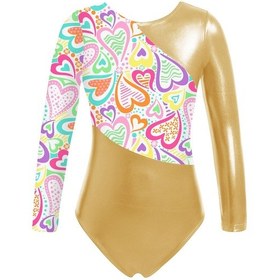 Resim Kraliyet Mavisi Çocuk Kız Parlak Metalik Uzun Kollu Jimnastik Mayoları Baskılı Bale Dans Bodysuit Unitards Mavi 