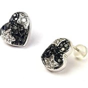 Resim Siyah Oniks Taşlı Kalpli Tasarım Gümüş Küpe 