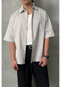 Resim Erkek Oversize Kısa Kol Gabardin Gömlek Bej 