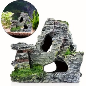 Resim Gerçekçi Reçine Yosun Kayalık Mağara Akvaryum Dekoru - Doğal Gri ve Yeşil Dağ Barınağı ile Yemyeşil Yosun Kaplı, Balık Tankları ve Su Evcilleri İçin Mükemmel Saklanma Yerleri 