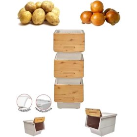 Resim Lidyahan Store Patateslik Soğanlık Sepeti Oyuncak Kutusu Tekerlekli Organızer Çok Amaçlı Kutu 3X12LT-BAMBU+KREM 