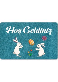 Resim Dijital Baskılı Kapı Önü Paspas Hoşgeldiniz Yazılı Çiçek Desen Ve Tavşan Iç Ve Dış Kapı Yıkanabilir Bej 