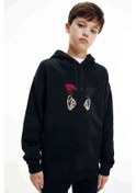 Resim Skull Rose Kurukafa Gül Baskılı Unisex Çocuk Kapüşonlu Sweatshirt Siyah 