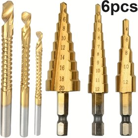 Resim 6 Parça Adım Matkap Ucu Seti, Titanyum Krom Dökme Demir Kesici 4-20 4-12 3-12mm 3 6 8mm, Ahşap ve Metal Delme İçin Uygun 