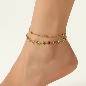 Resim Moda hip-hop yeni paslanmaz çelik kalp şeklinde yağ damlatmalı küçük yuvarlak boncuklu çift katmanlı zincirli kadın plaj ayak bilekliği 