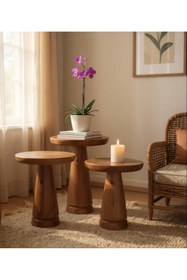 Resim ASELYA HOME Doğal Ahşap 3’lü Set Mantar Yan Sehpa Modern Fiskos Zigon Çiçeklik 