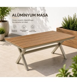 Resim Evinizin Atölyesi Premium Alüminyum Bahçe Masası - Ahşap Görünümlü Şık Tasarım 