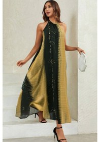 Resim Fashion Cocktail Full Sırt Dekolteli Blok Desenli Halter Yaka Şifon İki Renk Geçişli Yazlık Uzun Çizgi Efektli Elbise Sarı 