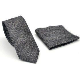 Resim Gaffy Gri Kırcıllı Desenli Füme Dokuma Kumaş Mendilli Slim Fit Kravat // Sdk-2501-3 Füme 