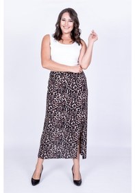 Resim Myline Büyük Beden Leopar Desenli Yırtmaçlı Etek 