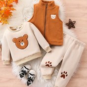 Resim 3 Parça Bebek Erkek Seti, Sonbahar/Kış Casual Nakışlı Ayı Yelek, Yuvarlak Yaka Uzun Kollu Sweatshirt, Pantolon - Polyester Örgü, Şirin Hayvan Deseni, Normal Beden, Kolsuz Yelek, Kemer Yok, Çocuk Giysileri, Dış Mekan İçin 