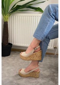 Resim Asmi Shoes Kadın Fenni 10 Cm Dolgu Topuklu Mantar Taban Ayakkabı Krem Krem 