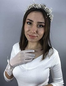 Resim Beyaz Uzun Gelin Eldiveni Ve Krem İncili Taç Nikah Takımı 