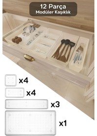 Resim 12 Parça Modüler Kaşıklık Seti - Ayarlanabilir Mutfak Çekmece İçi Düzenleyici Organizer Şeffaf 