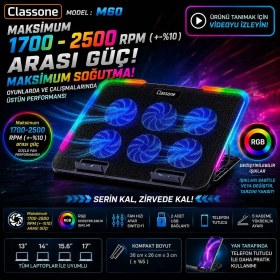 Resim Classone Gaming M60 Laptop Soğutucu , Notebook Stand,10 Rgb Işık Kontrolü, 15.6 -17 Inch , Hız Kontrolü , 6 Büyük Fan ,telefon Standı, 2 USB 