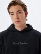 Resim Kapşonlu Sweatshirt Slogan İşlemeli Basic Yıkamalı Pamuk Karışımlı 