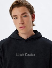 Resim Kapşonlu Sweatshirt Slogan İşlemeli Basic Yıkamalı Pamuk Karışımlı 