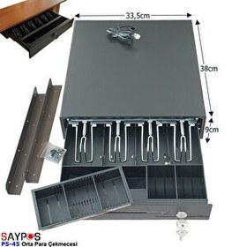 Resim Saypos PS45 Para Çekmecesi 4 Banknot Gözlü Masa Altı Montaj Askılı Anahtardan Açılır 33.5x38x9 CM 