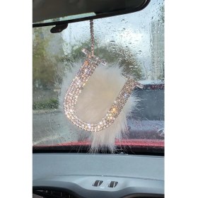 Resim Swarovski Gümüş Taşlı Dikiz Ayna Kolye Süsü Beyaz Tüylü U Harfi 