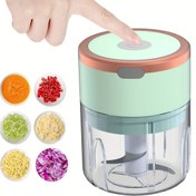 Resim FLZH Kompakt 8.45oz Elektrikli Mini Gıda İşleme Makinesi ve Et Öğütücü 3 Paslanmaz Bıçak ile, USB Şarj Edilebilir, 1200 RPM - Açık Yeşil ve Turuncu Tasarım, Sebzeler, Meyveler ve Etler için İdeal, FLZH 
