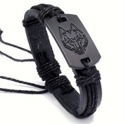 Resim HUANMING Erkek Punk Tarzı Siyah Kurt Başlı Suni Deri Bileklik - El Yapımı Örgülü Suni Deri Bileklik 